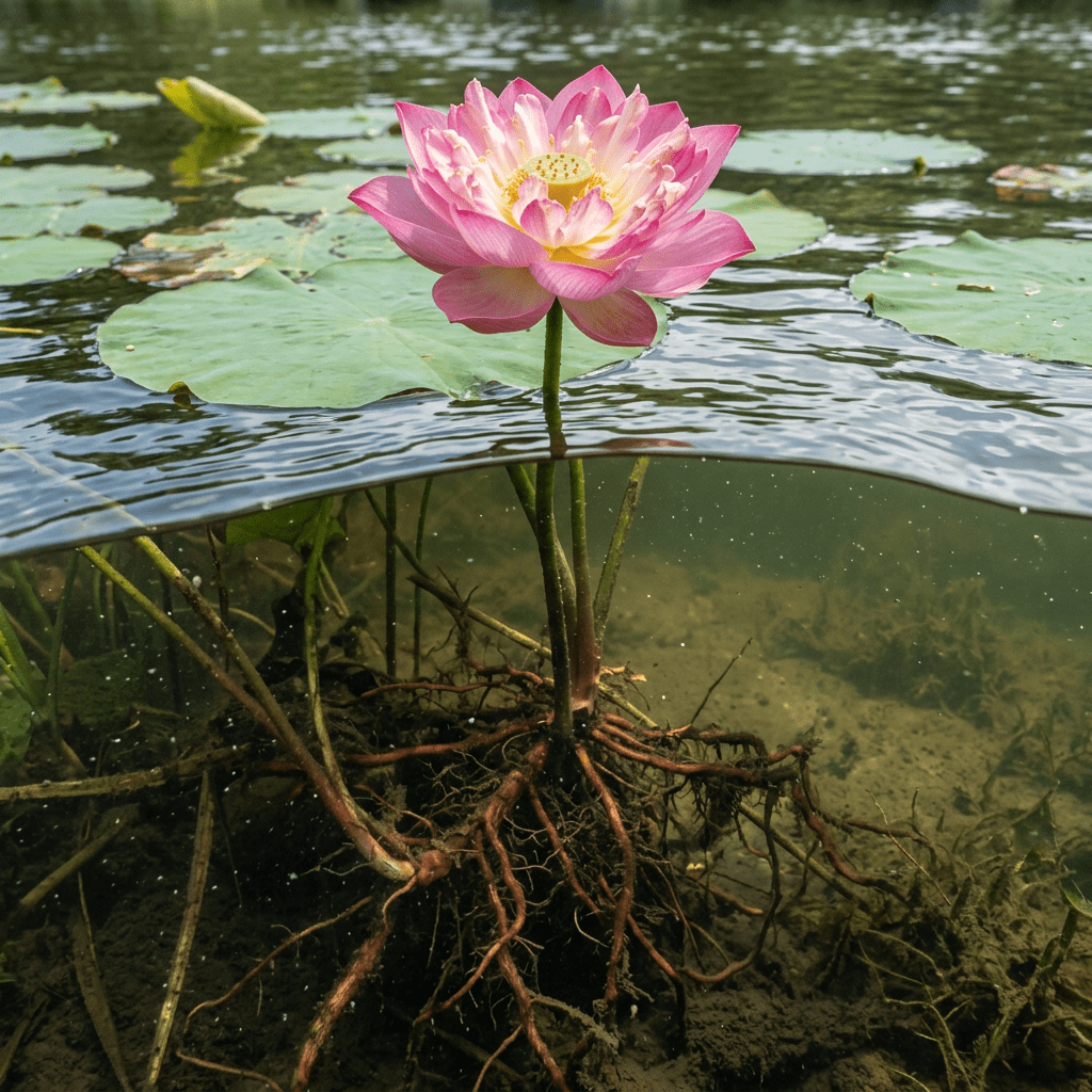 Pink lotus flower above water with visible roots underwater